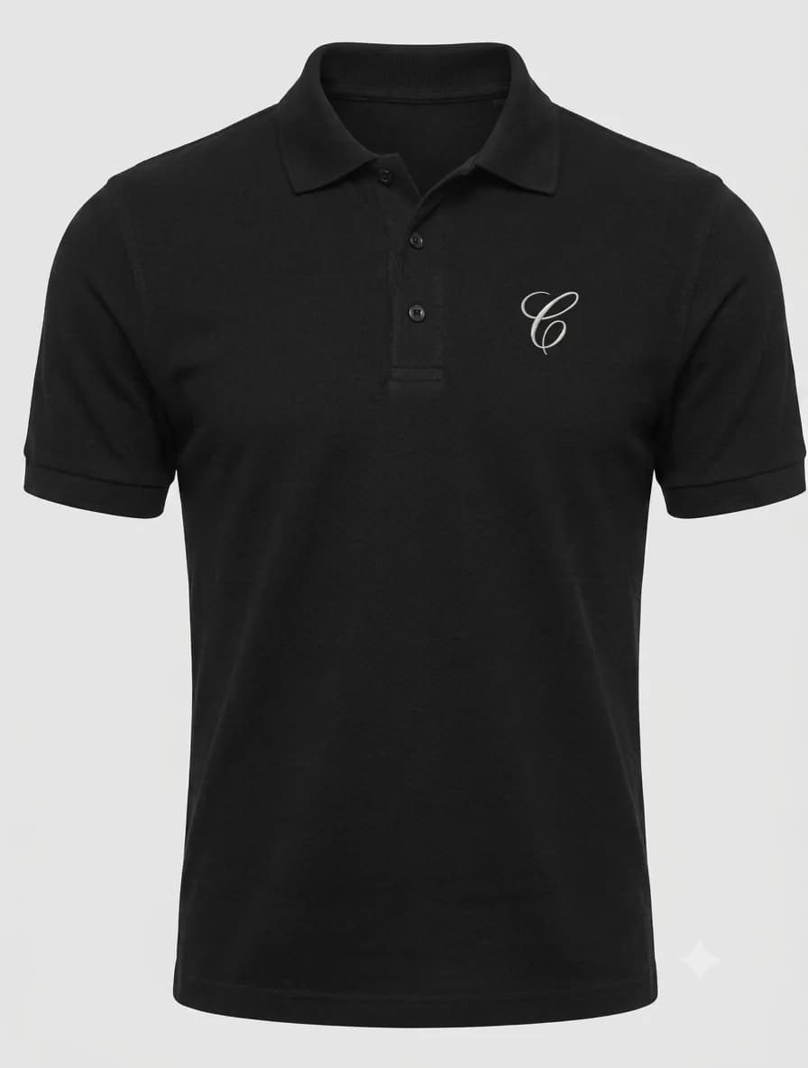 A black short-sleeve polo shirt with a silver embroidered script letter C on the left chest.
