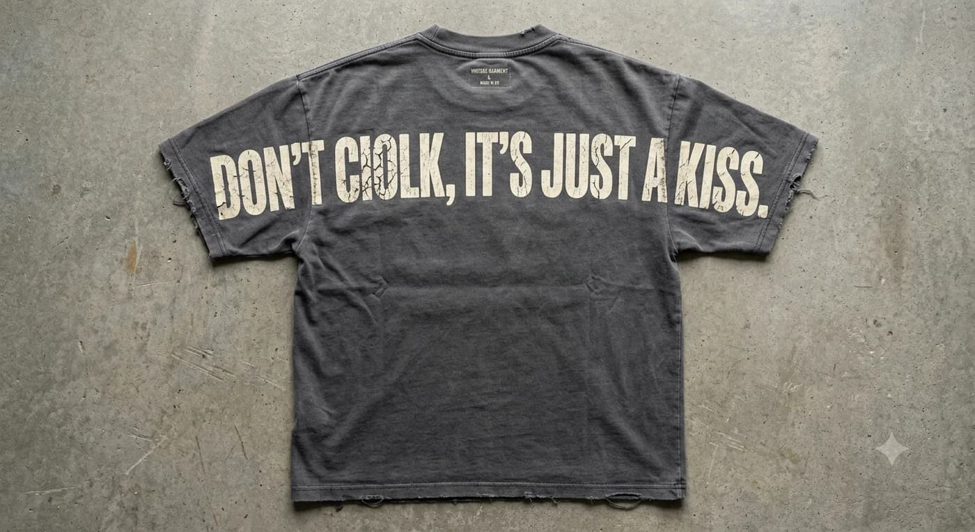 The back of a washed charcoal T-shirt on concrete, printed across the shoulders in cracked cream capitals: DON'T CIOLK, IT'S JUST A KISS.